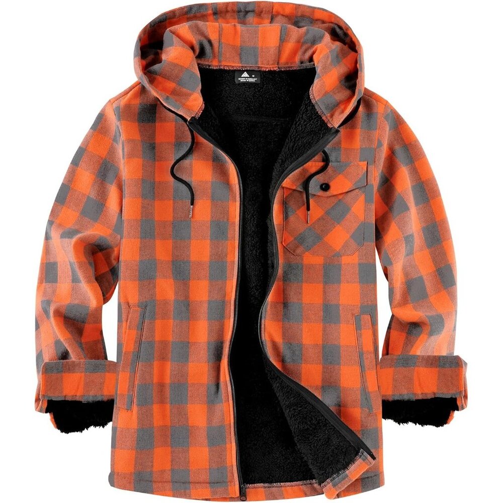 Men's Orange   Flannel Plaid Jacket Warm Sherpa Lined Fleece Hoodies
